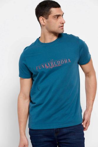 Funky Buddha ανδρικό βαμβακερό T-shirt με contrast lettering και logo label στο πλάι - FBM007-023-04 Πετρόλ